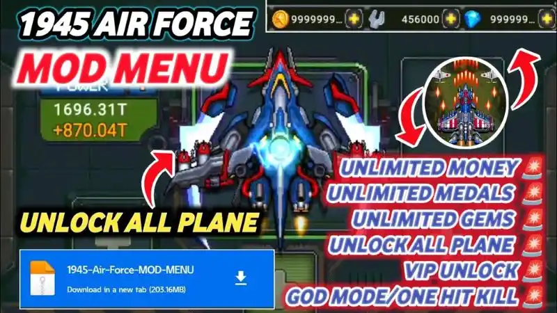 Unduh 1945 Air Force MOD APK (Unlimited Money, VIP) V15.42 Fitur 1945 Air Force MOD APK