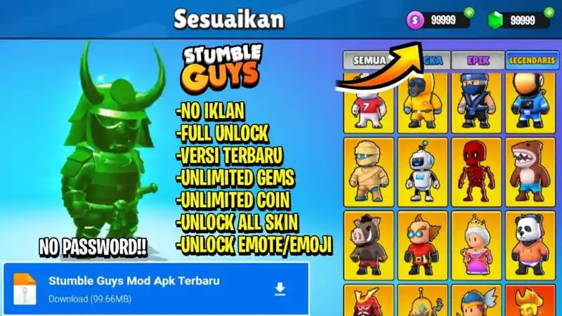 Unduh Stumble Guys MOD APK (Unlimited Gems, Coins) v0.98 Fitur Stumble Guys MOD APK